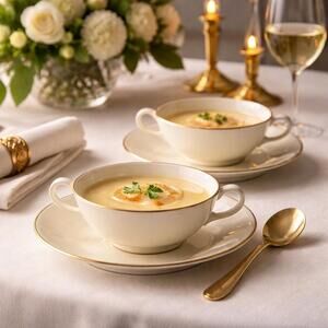 Lenox USA 1980s Mansfield Set Of 10 Ivory Bone China Cream Soup Bowls & Saucers